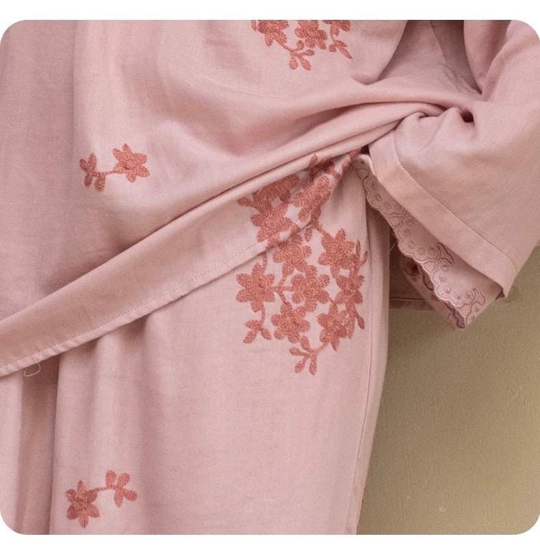 Lian Loungewear bamboo cotton embroidered loungewear set with a relaxed dress and gown in soft fabric, perfect for comfortable home wear.