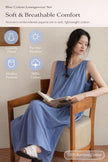 Lian Loungewear bamboo cotton loungewear dress and pants set displayed on a model, comfortable and stylish lounge outfit.