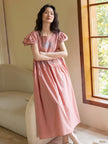Lian Loungewear women's bamboo slub cotton loungewear set with embroidered vintage-style dress and pants, soft breathable summer pajamas