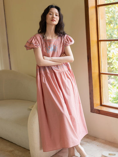 Lian Loungewear women's bamboo slub cotton loungewear set with embroidered vintage-style dress and pants, soft breathable summer pajamas