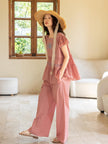 Lian Loungewear bamboo slub cotton women’s loungewear set with embroidered vintage style dress and pants, soft and breathable for summer.