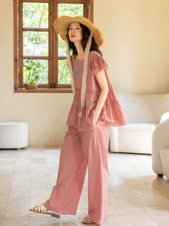 Lian Loungewear bamboo slub cotton women’s loungewear set with embroidered vintage style dress and pants, soft and breathable for summer.