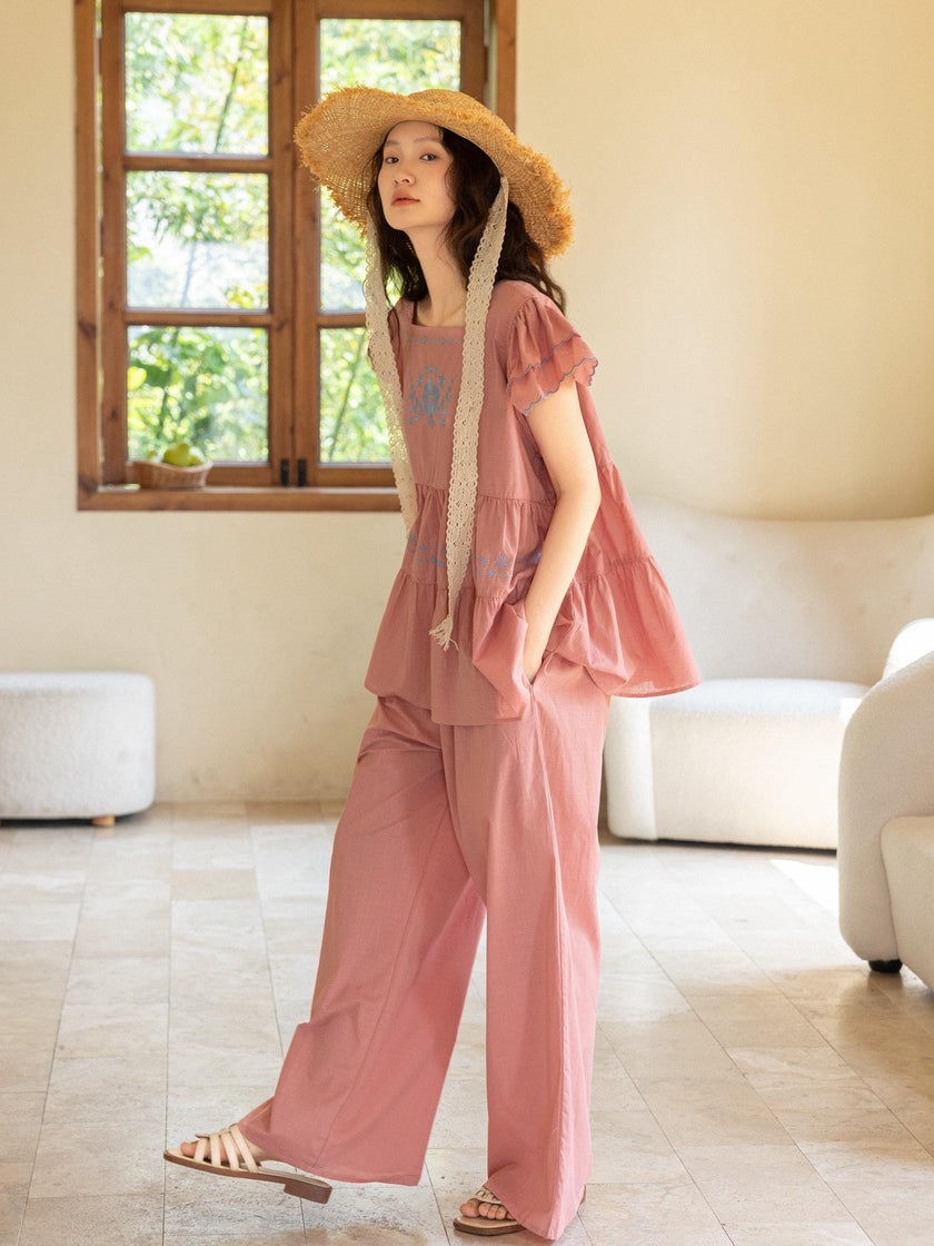 Lian Loungewear bamboo slub cotton women’s loungewear set with embroidered vintage style dress and pants, soft and breathable for summer.