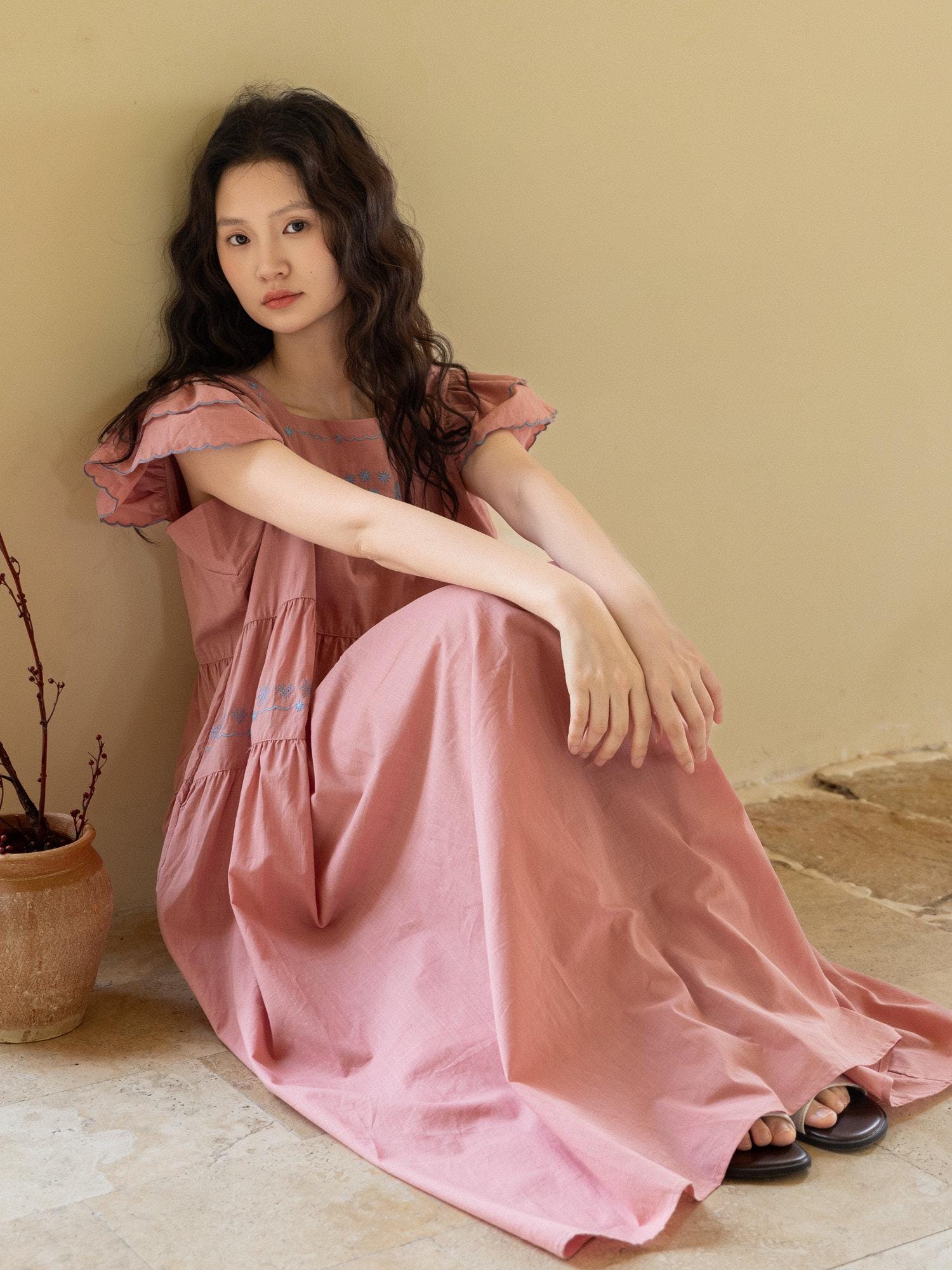 Lian Loungewear bamboo slub cotton loungewear set for women, soft breathable summer pajamas with vintage embroidery and cottage style.