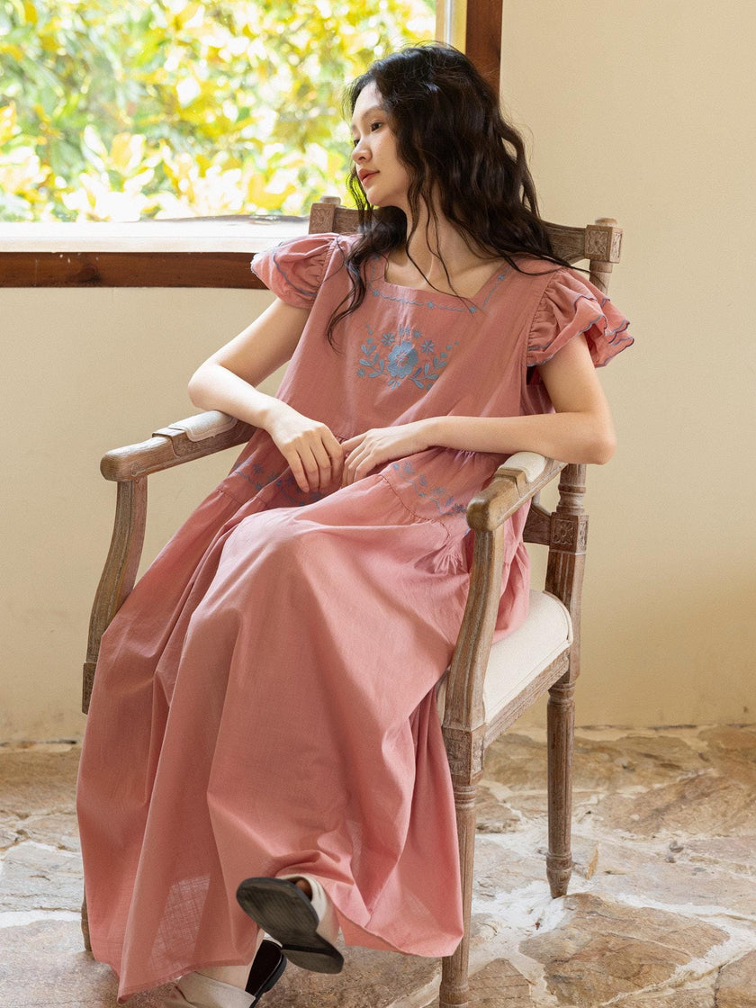 Lian Loungewear women's bamboo slub cotton loungewear set with vintage embroidery, featuring a soft, breathable summer pajama dress and pants.