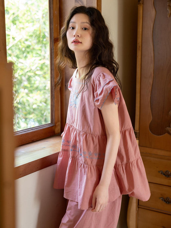 Lian Loungewear bamboo slub cotton women's loungewear set with vintage embroidered lounge dress and pants, soft and breathable summer pajamas.