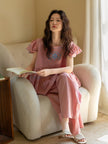 Lian Loungewear bamboo slub cotton women’s loungewear set with embroidered vintage lounge dress and pants, soft and breathable for summer.