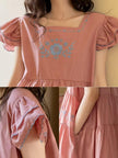 Lian Loungewear bamboo slub cotton loungewear set for women, soft breathable summer pajamas with vintage embroidered lounge dress and pants