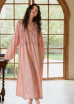 Pink bamboo cotton pajamas set by Lian Loungewear, embroidered dress or pants, soft and comfortable sleepwear for women.