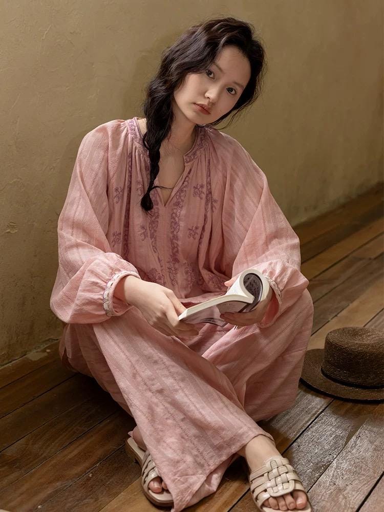 Pink bamboo cotton pajamas set by Lian Loungewear, embroidered dress or pants, soft and comfortable sleepwear ensemble.