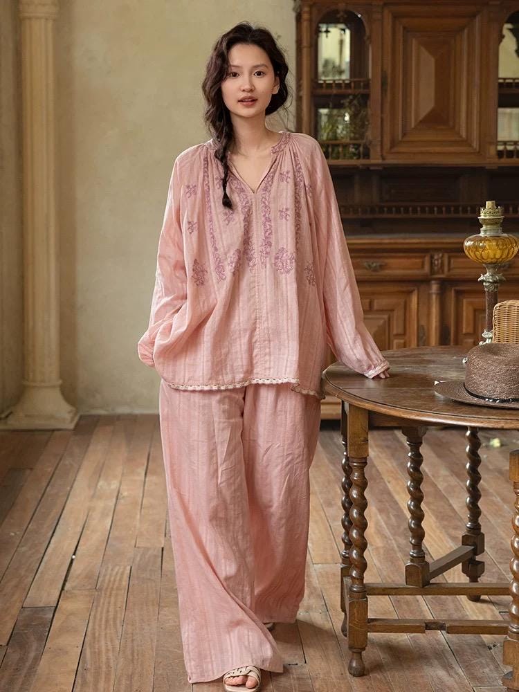 Pink bamboo cotton pajamas set by Lian Loungewear, embroidered dress or pants, cozy and stylish sleepwear ensemble.