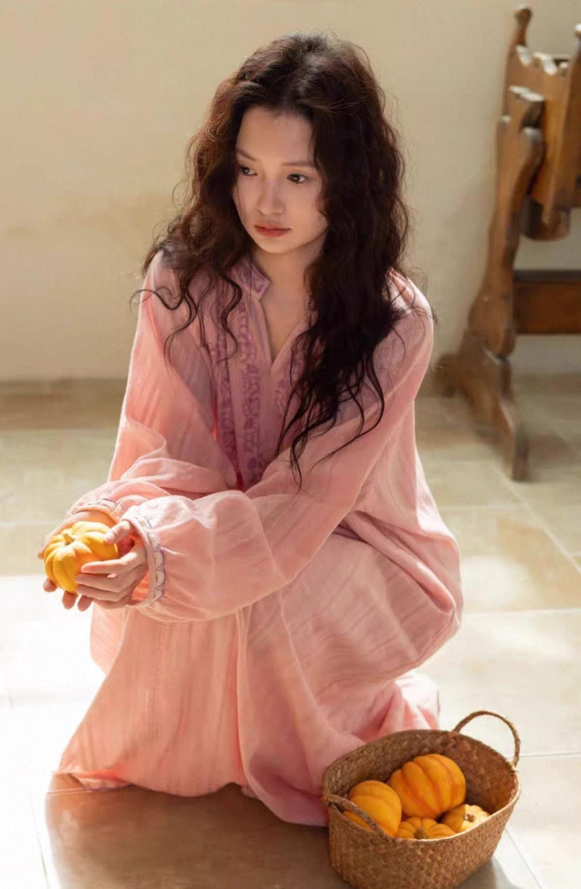 Pink bamboo cotton pajamas set by Lian Loungewear with embroidered dress and matching pants, soft and comfortable sleepwear.