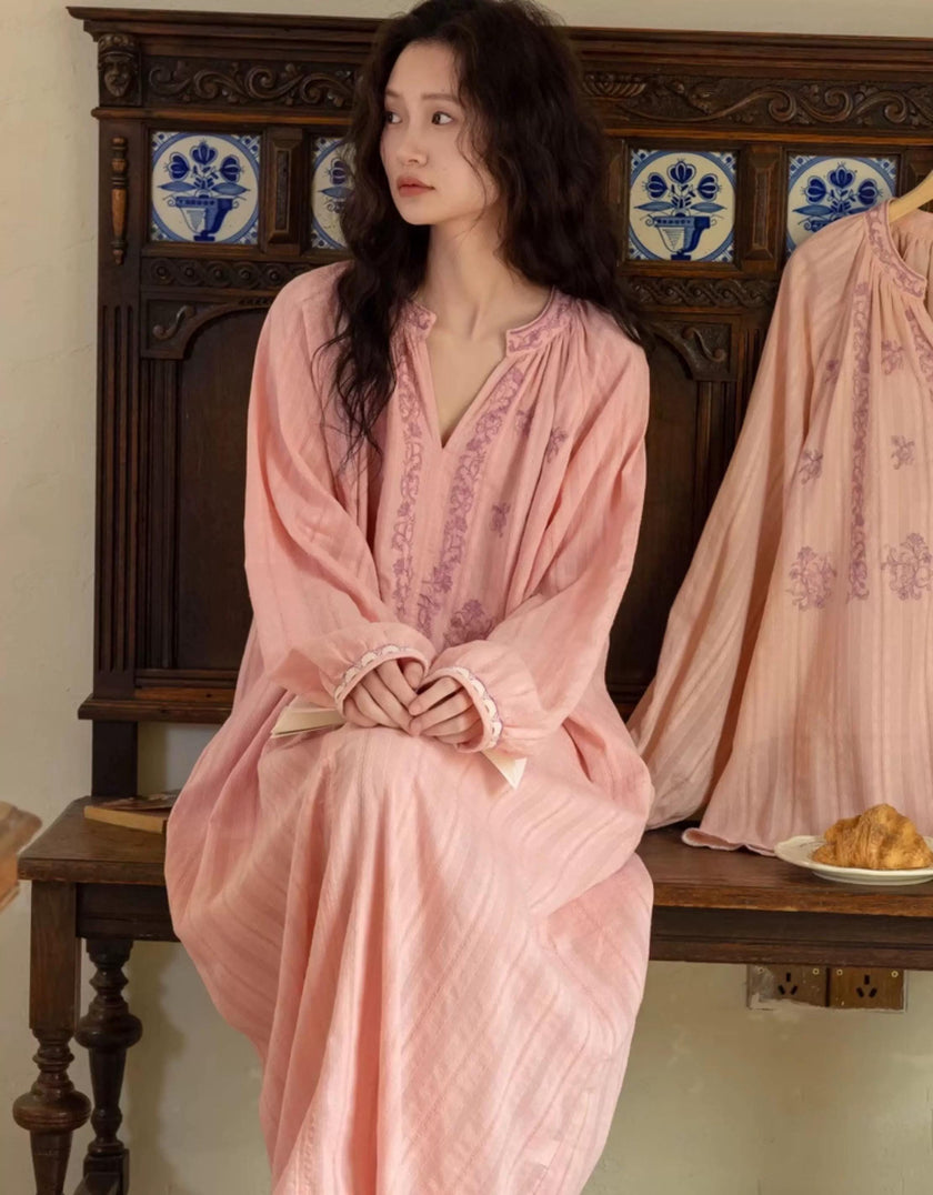 Pink bamboo cotton pajamas set by Lian Loungewear, embroidered dress or pants, comfortable and stylish sleepwear.