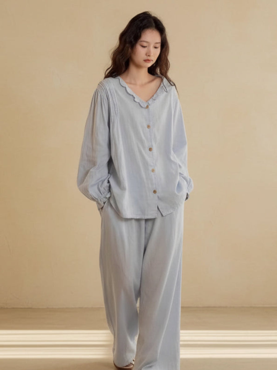 Sky blue gauze cotton pajama set by Lian Loungewear with embroidered round neck top and ruffle top loungewear options.