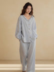 Sky blue gauze cotton pajama set by Lian Loungewear with embroidered round neck top and ruffle top loungewear options.
