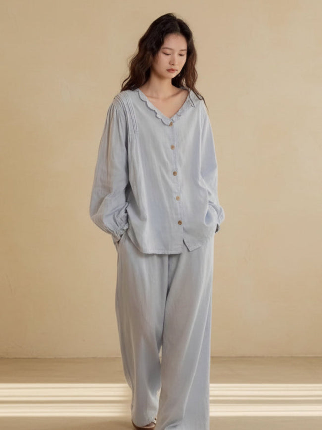 Sky blue gauze cotton pajama set by Lian Loungewear with embroidered round neck top and ruffle top loungewear options.