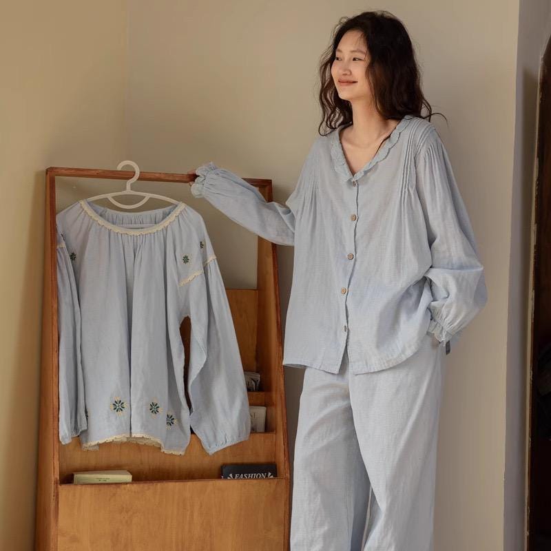Sky blue gauze cotton pajama set by Lian Loungewear with embroidered or ruffle top, comfortable loungewear for relaxed evenings.