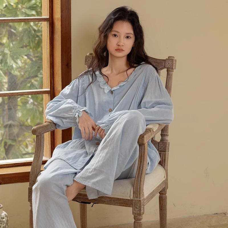 Sky blue gauze cotton pajama set by Lian Loungewear with embroidered or ruffle top, comfortable loungewear for relaxed evenings.
