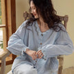 Sky blue gauze cotton pajama set by Lian Loungewear with embroidered or ruffle top, soft loungewear for relaxing nights.