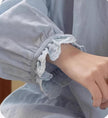 Sky blue gauze cotton pajama set by Lian Loungewear with embroidered or ruffle top, perfect for comfortable loungewear.