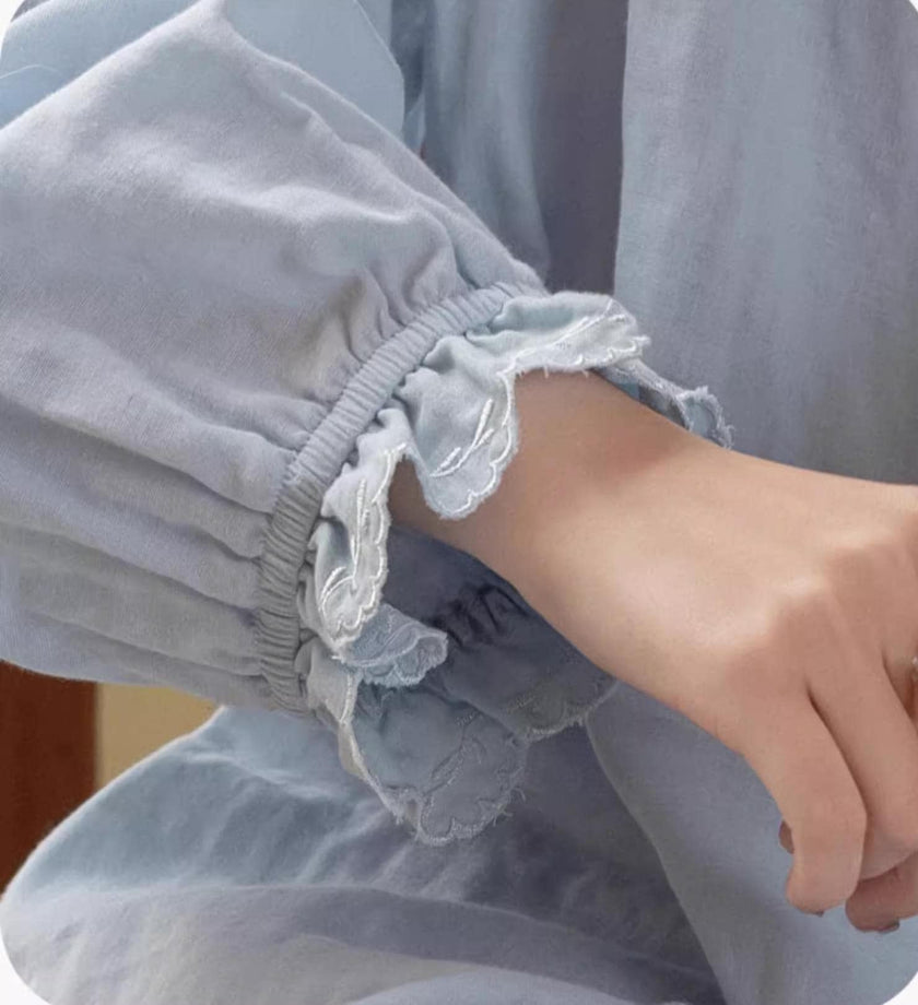 Sky blue gauze cotton pajama set by Lian Loungewear with embroidered or ruffle top, perfect for comfortable loungewear.