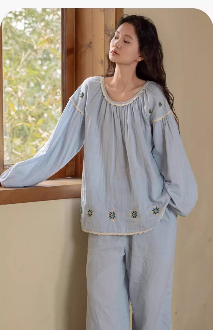 Sky blue gauze cotton pajama set by Lian Loungewear with embroidered or ruffle top, perfect for comfortable loungewear.