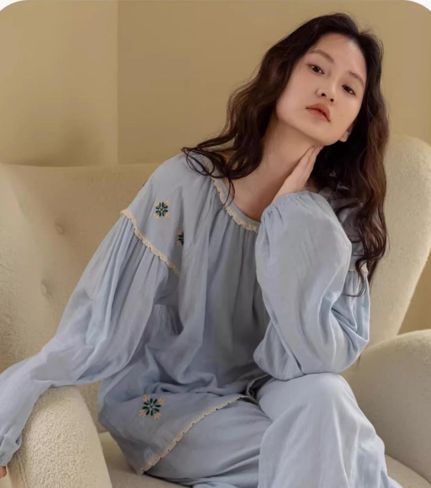 Sky blue gauze cotton pajama set by Lian Loungewear with embroidered or ruffle top, comfortable loungewear for relaxing nights.