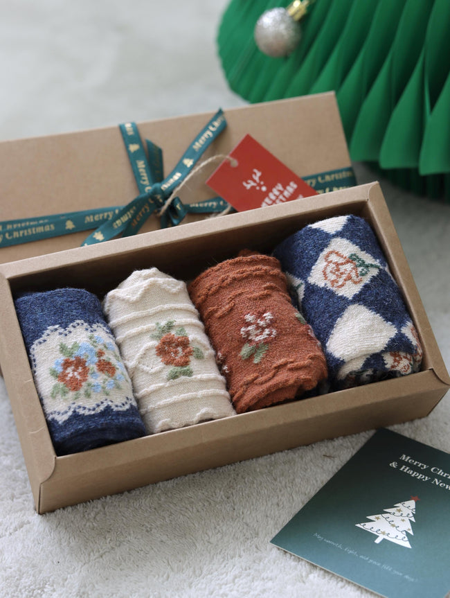 Vintage floral knit wool socks by Lian Loungewear in a gift box, cozy winter crew style with cotton blend for Mother’s Day.