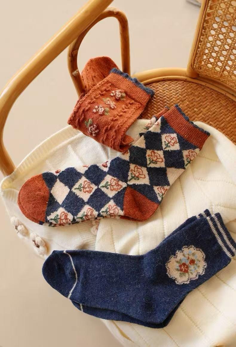 Vintage floral knit wool socks in a gift box, cozy winter crew style by Lian Loungewear, cotton blend, perfect for Mother’s Day.