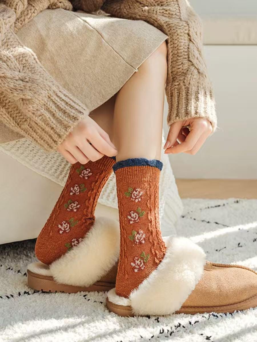 Vintage floral knit wool socks in a gift box from Lian Loungewear, cozy winter crew socks with cotton blend, perfect for Mother’s Day.
