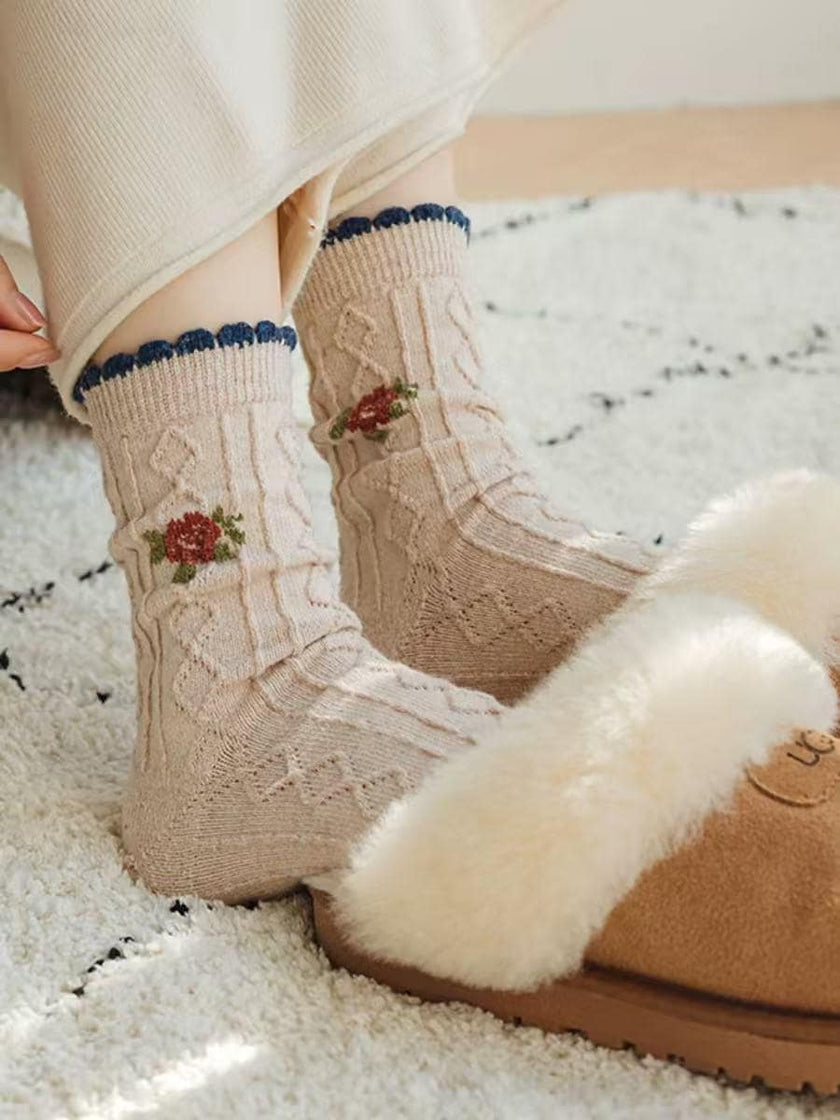 Lian Loungewear vintage floral knit wool socks in gift box, cozy winter crew socks with floral medallion pattern, cotton blend.
