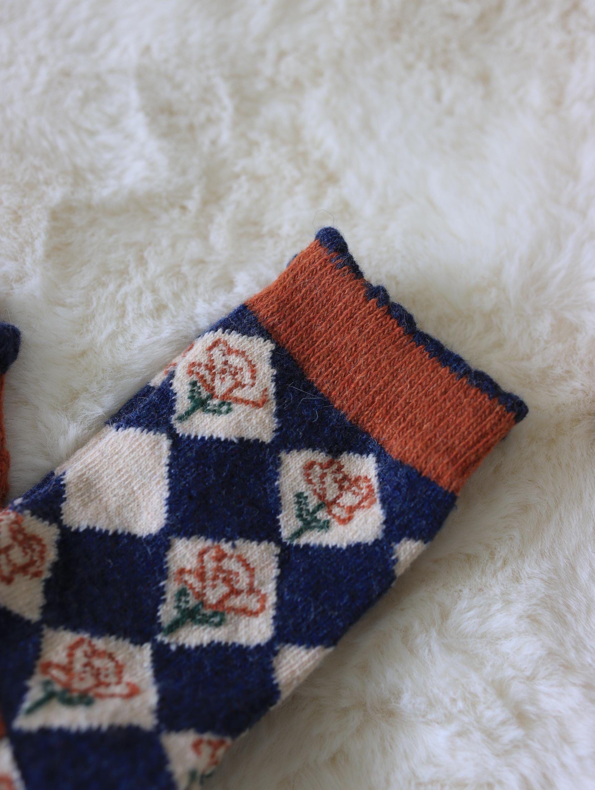 Lian Loungewear vintage floral knit wool socks in a gift box, cozy winter crew socks with floral medallion design, cotton blend.