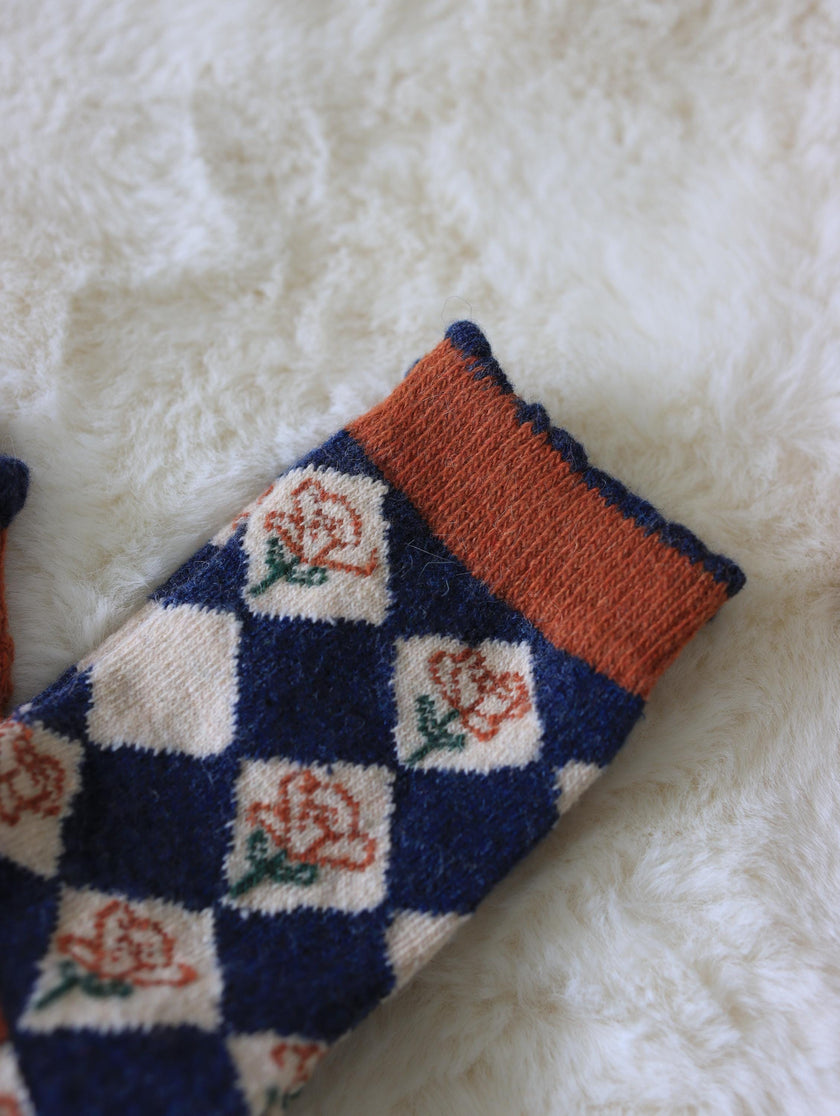 Lian Loungewear vintage floral knit wool socks in a gift box, cozy winter crew socks with floral medallion design, cotton blend.