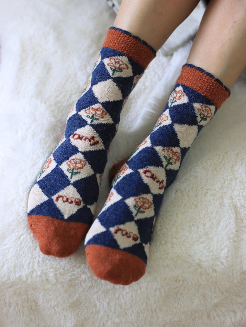 Lian Loungewear vintage floral knit wool socks in a gift box, cozy winter crew socks with floral medallion design, cotton blend.