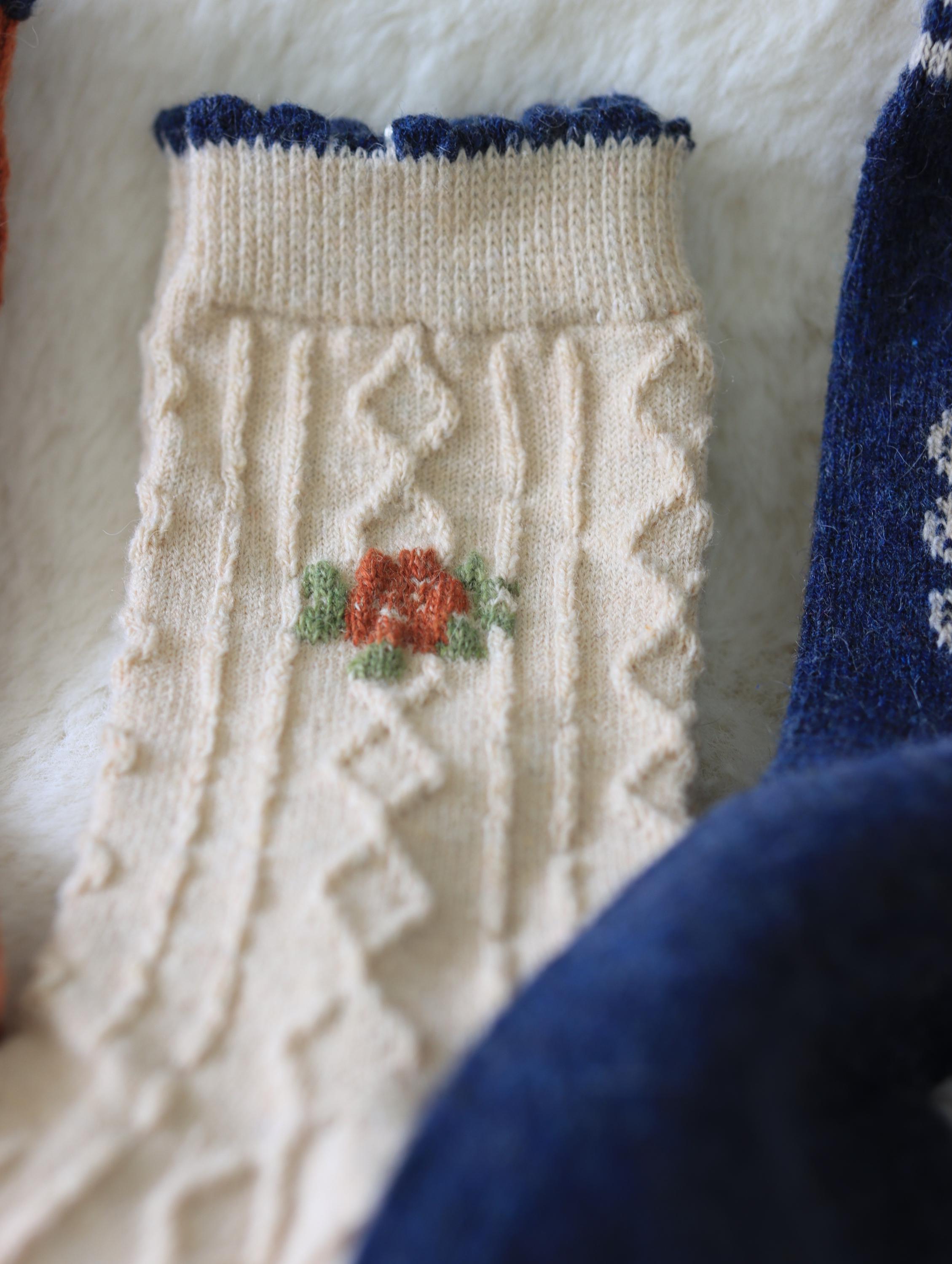 Vintage floral knit wool socks in a gift box, cozy winter crew length, cotton blend, perfect for Mother’s Day from Lian Loungewear.