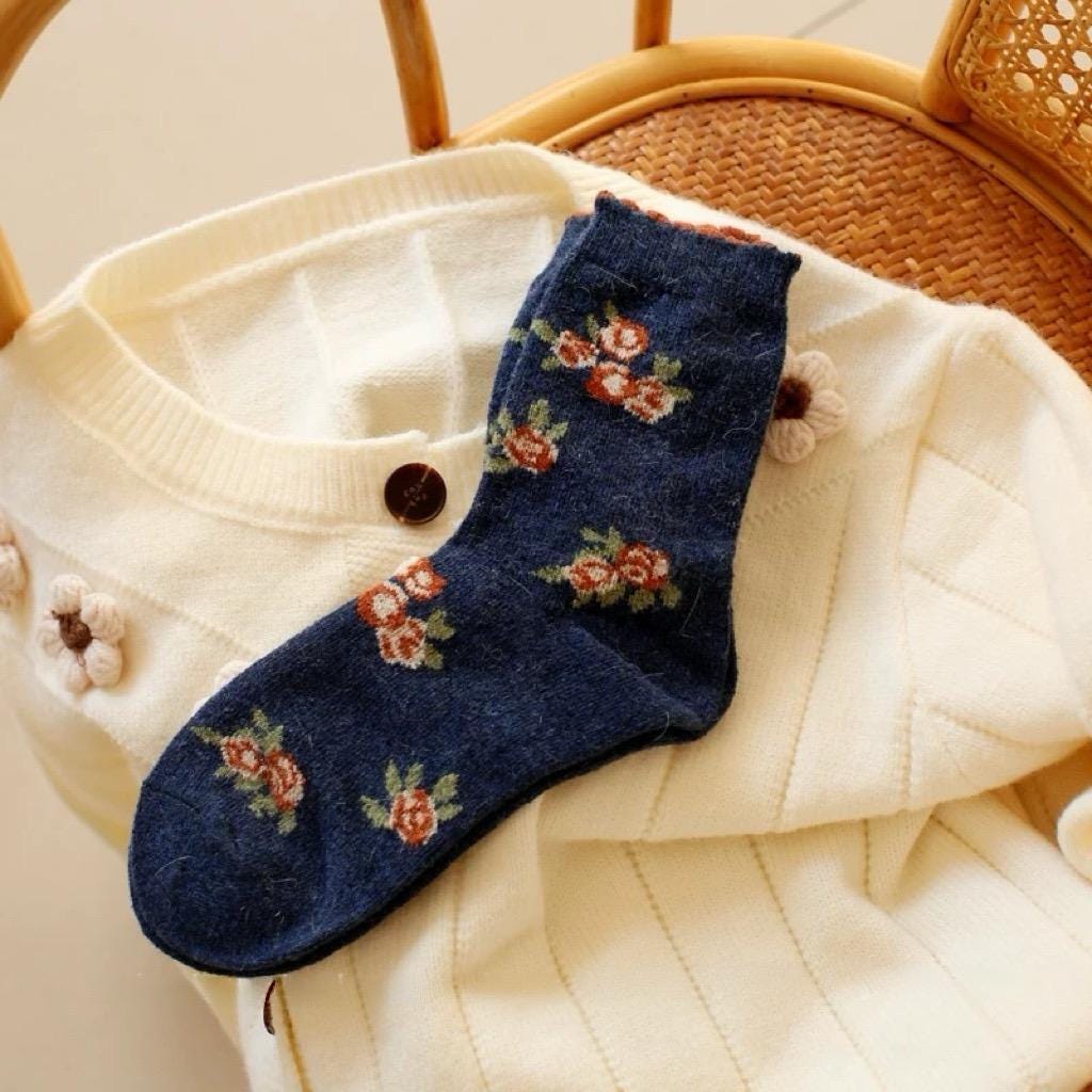 Vintage floral knit wool socks from Lian Loungewear in a gift box, cozy winter crew style, cotton blend, perfect for Mother's Day.