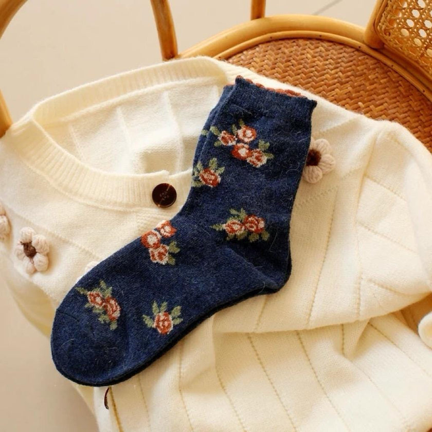 Vintage floral knit wool socks from Lian Loungewear in a gift box, cozy winter crew style, cotton blend, perfect for Mother's Day.