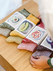 Lian Loungewear organic cotton crew socks, set of 2 pairs featuring fruit plant-dyed designs in UK size 3-7.