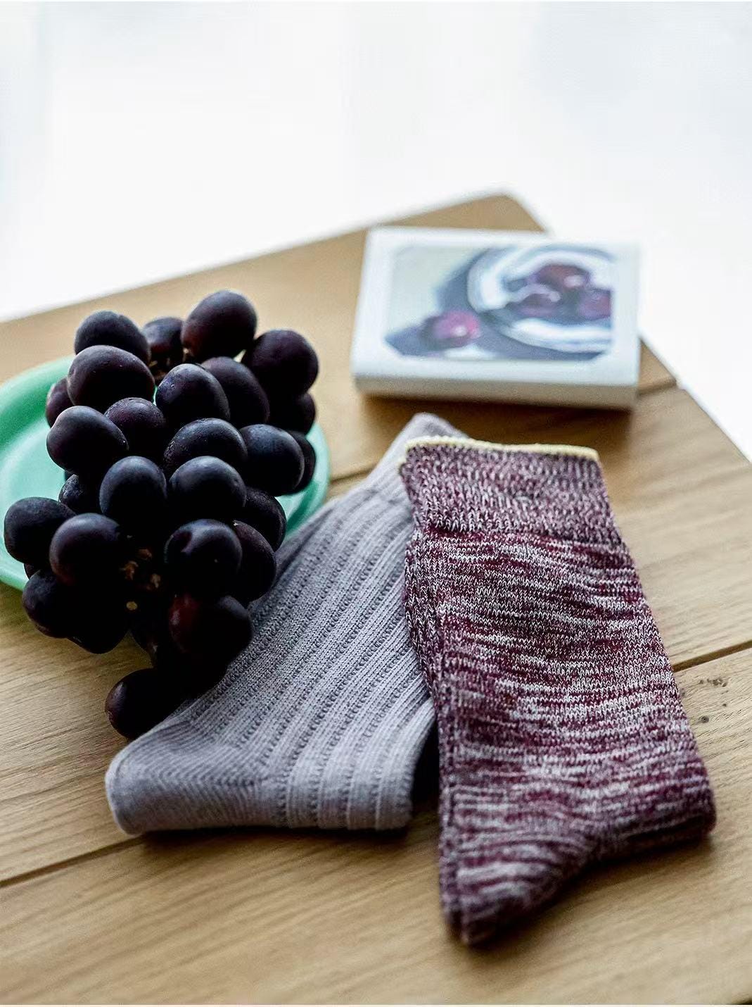 Organic cotton crew socks from Lian Loungewear, fruit plant-dyed, set of two, UK size 3-7, featuring colorful grape designs.