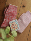 Lian Loungewear organic cotton crew socks 2-pairs set with fruit plant-dyed design in UK sizes 3-7, featuring grape patterns.