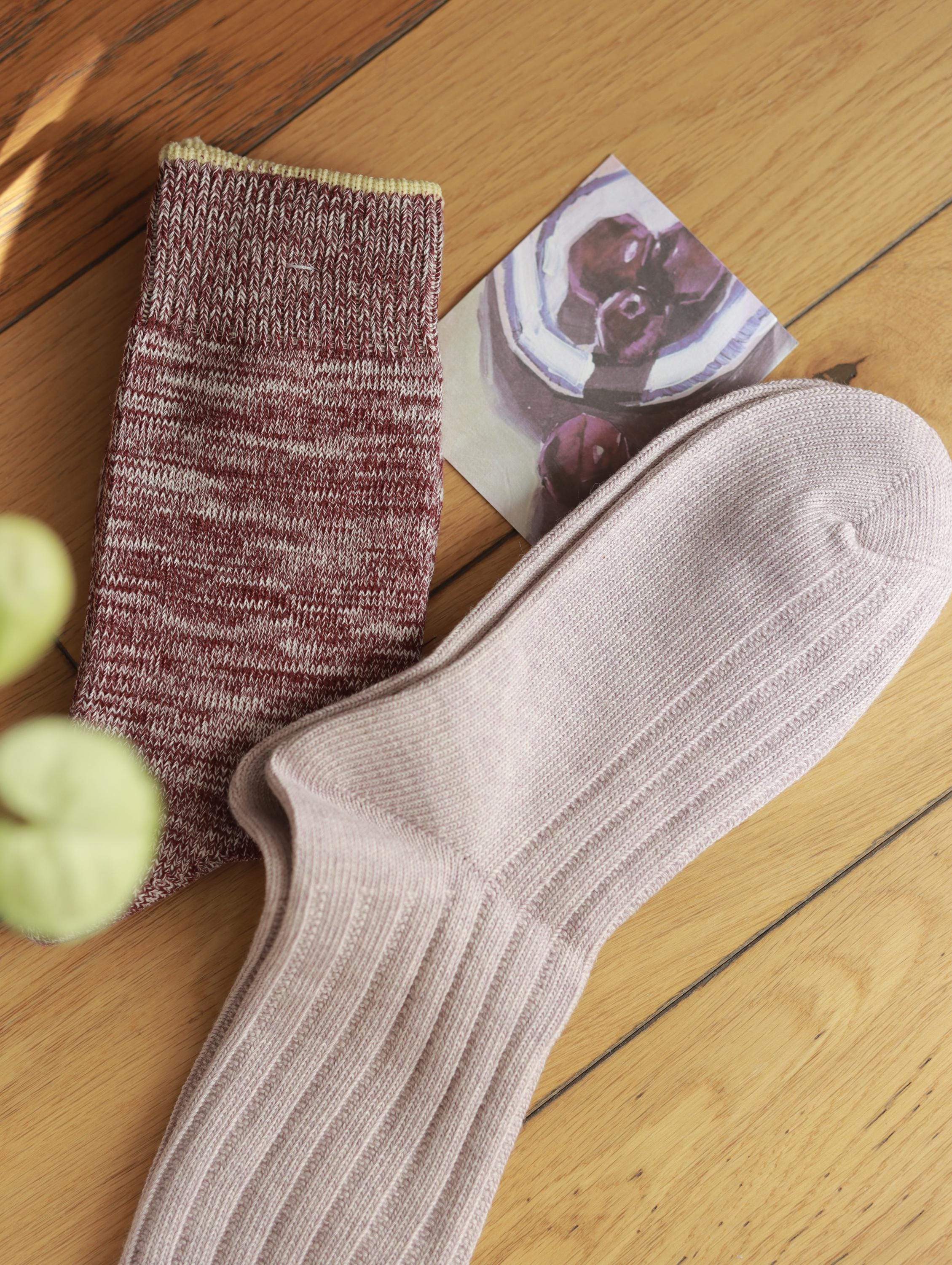 Organic cotton crew socks by Lian Loungewear, set of 2 with fruit plant-dyed grape design, UK size 3-7, soft and eco-friendly.
