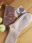 Organic cotton crew socks by Lian Loungewear, set of 2 with fruit plant-dyed grape design, UK size 3-7, soft and eco-friendly.