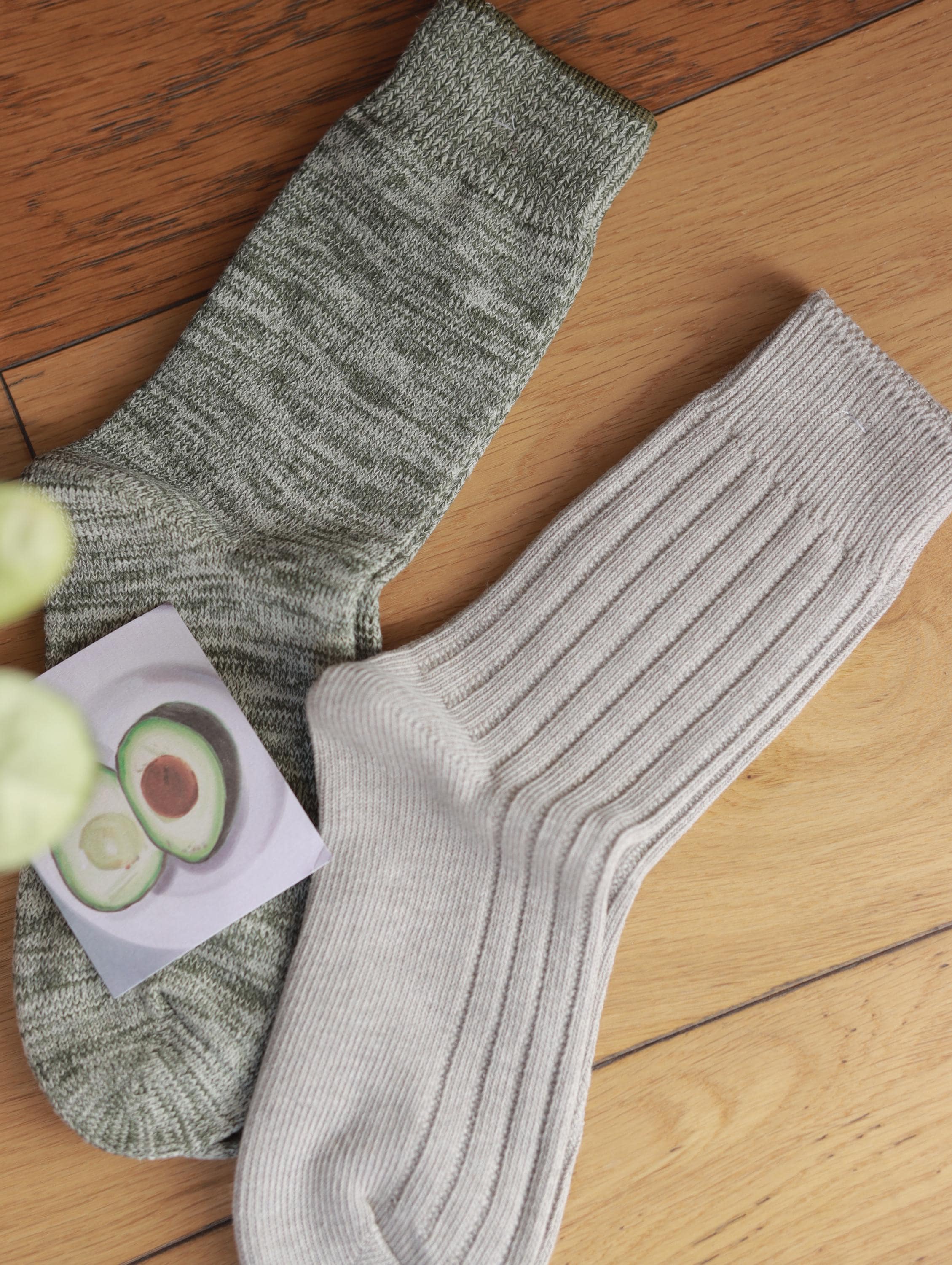 Lian Loungewear organic cotton crew socks set with grape and fruit plant-dyed designs, UK sizes 3-7, includes two pairs.