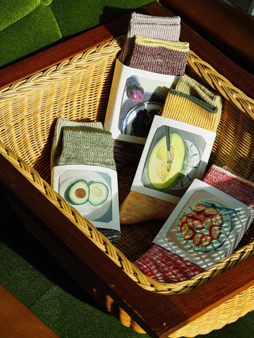 Lian Loungewear organic cotton crew socks set with grape fruit plant dye, featuring two pairs for UK sizes 3-7.