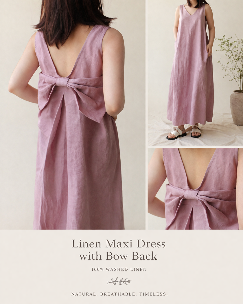 Green linen maxi dress with bow back detail by Lian Loungewear, featuring a relaxed washed linen loungewear style.