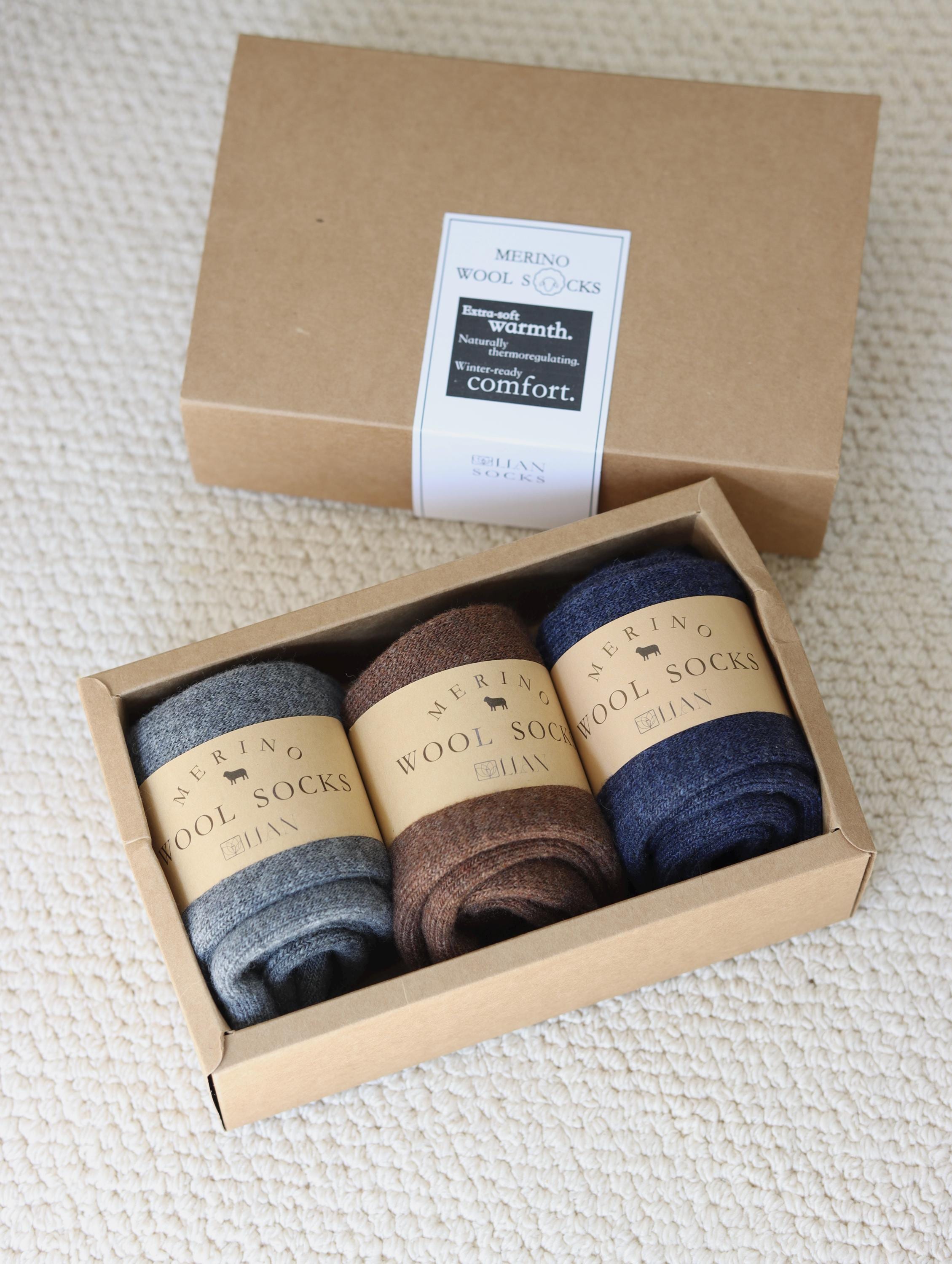 Lian Loungewear 98% Merino Wool Socks gift box with three pairs of soft, warm wool socks in individual wrapping.