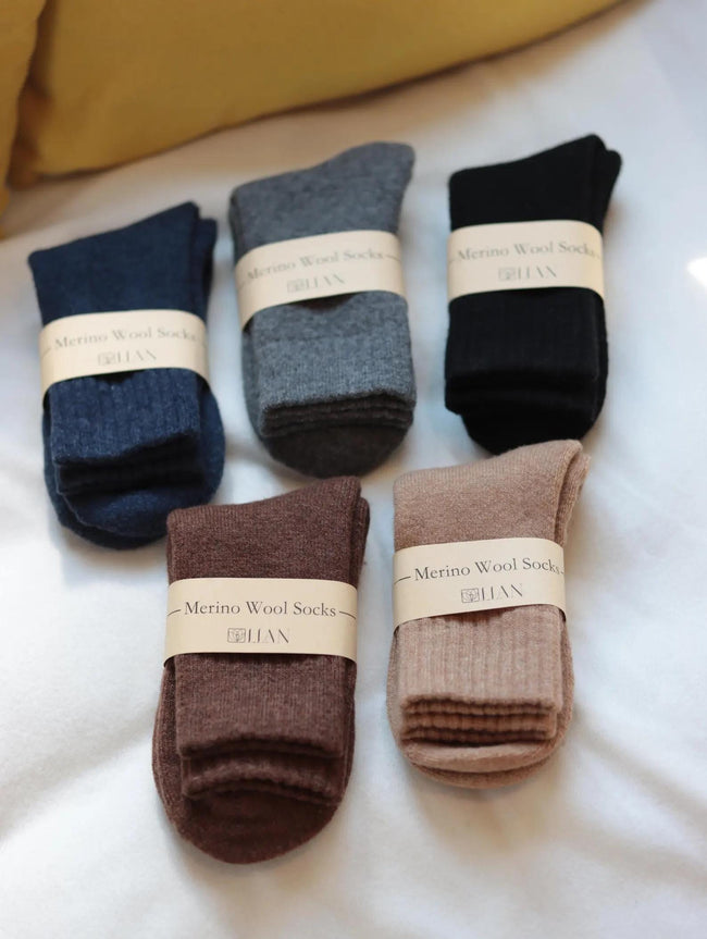 Lian Loungewear 98% Merino Wool Socks gift box with three pairs of cozy, soft wool socks wrapped individually.