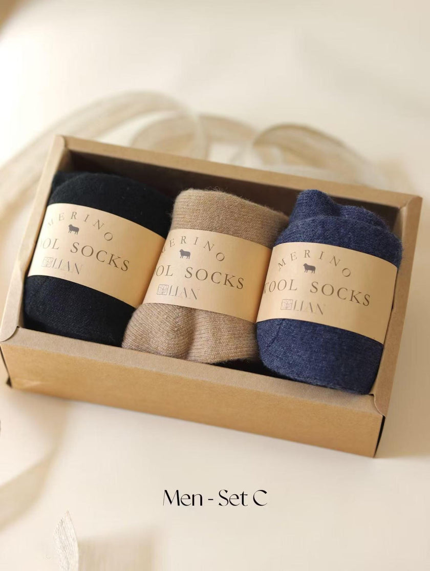 Set of three Lian Loungewear 98% Merino Wool Socks in a gift box, showcasing cozy, soft wool socks for comfortable wear.