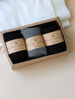 Lian Loungewear 98% Merino Wool Socks gift box with three pairs of cozy, natural-colored wool socks for men and women.
