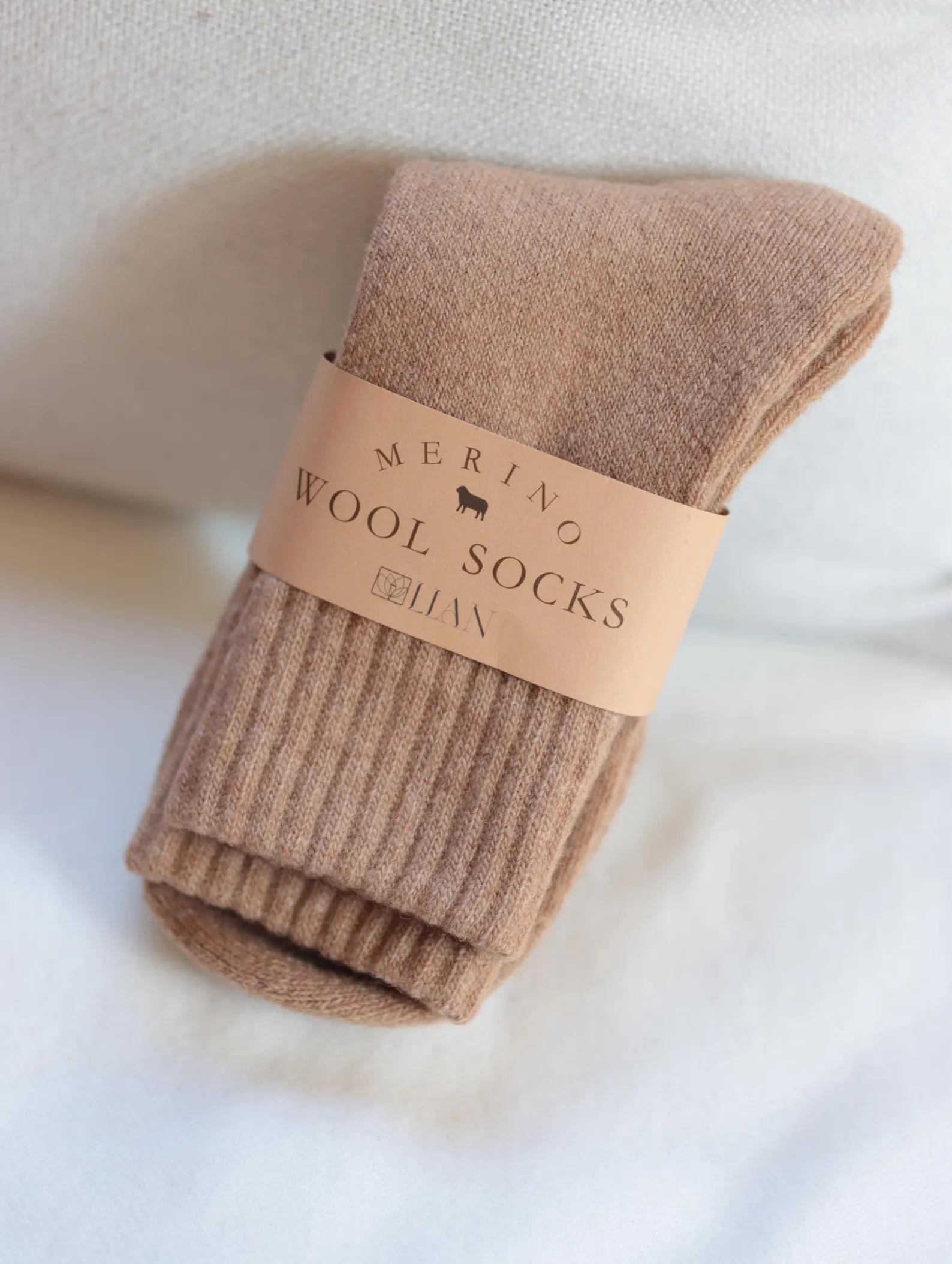 Lian Loungewear 98% Merino Wool Socks gift box with three pairs, soft, warm, and cozy in individual wrapping.